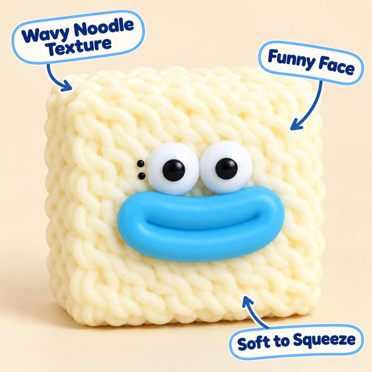 White Noodle Crunchy Squishy Toy with a Textured Square and Funny Face · mproduct-9f65c3ef416ba2ecf117