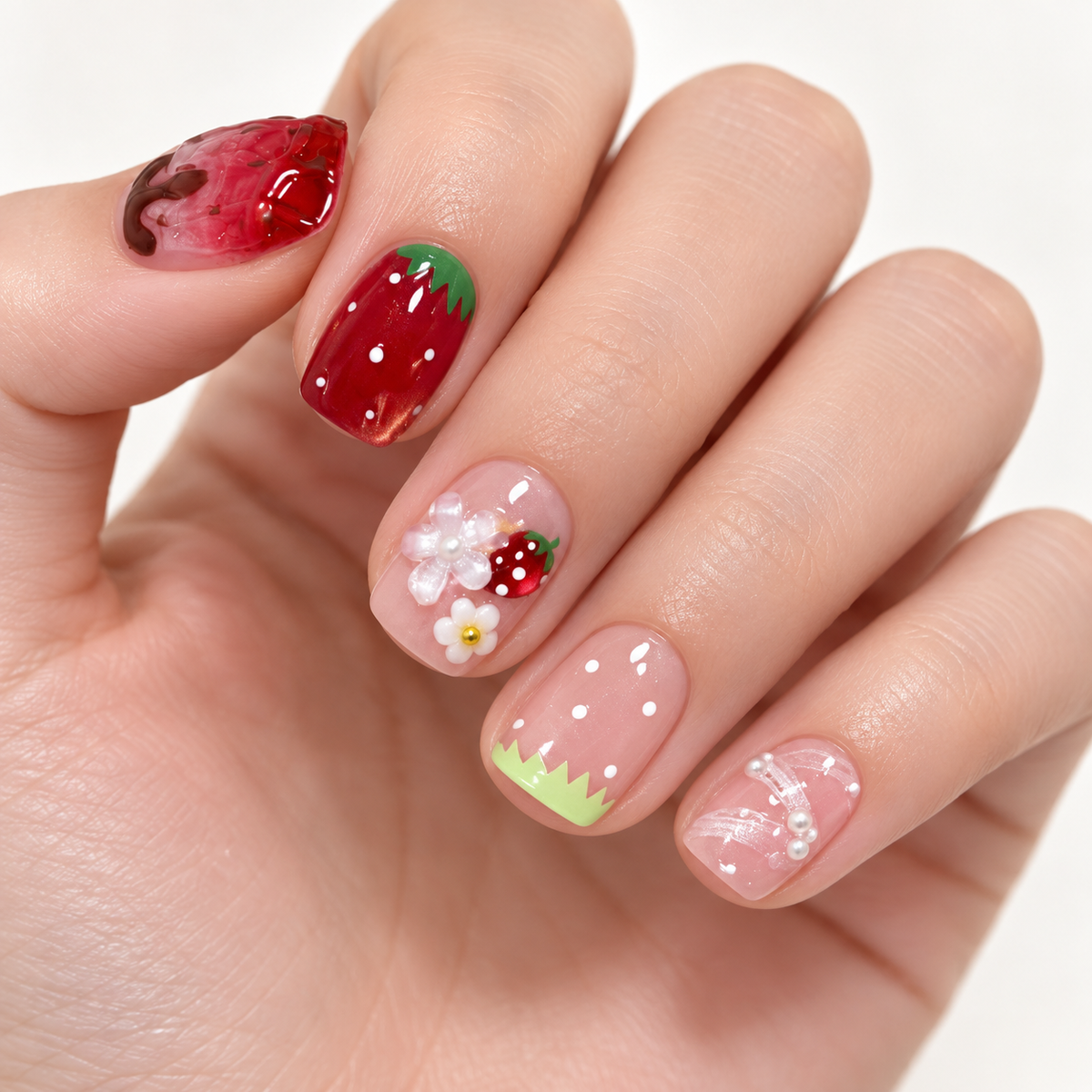 Spring Strawberry Cat Eye Pearl Press On Nail Set · mproduct-a590de6652e0a42d19c1