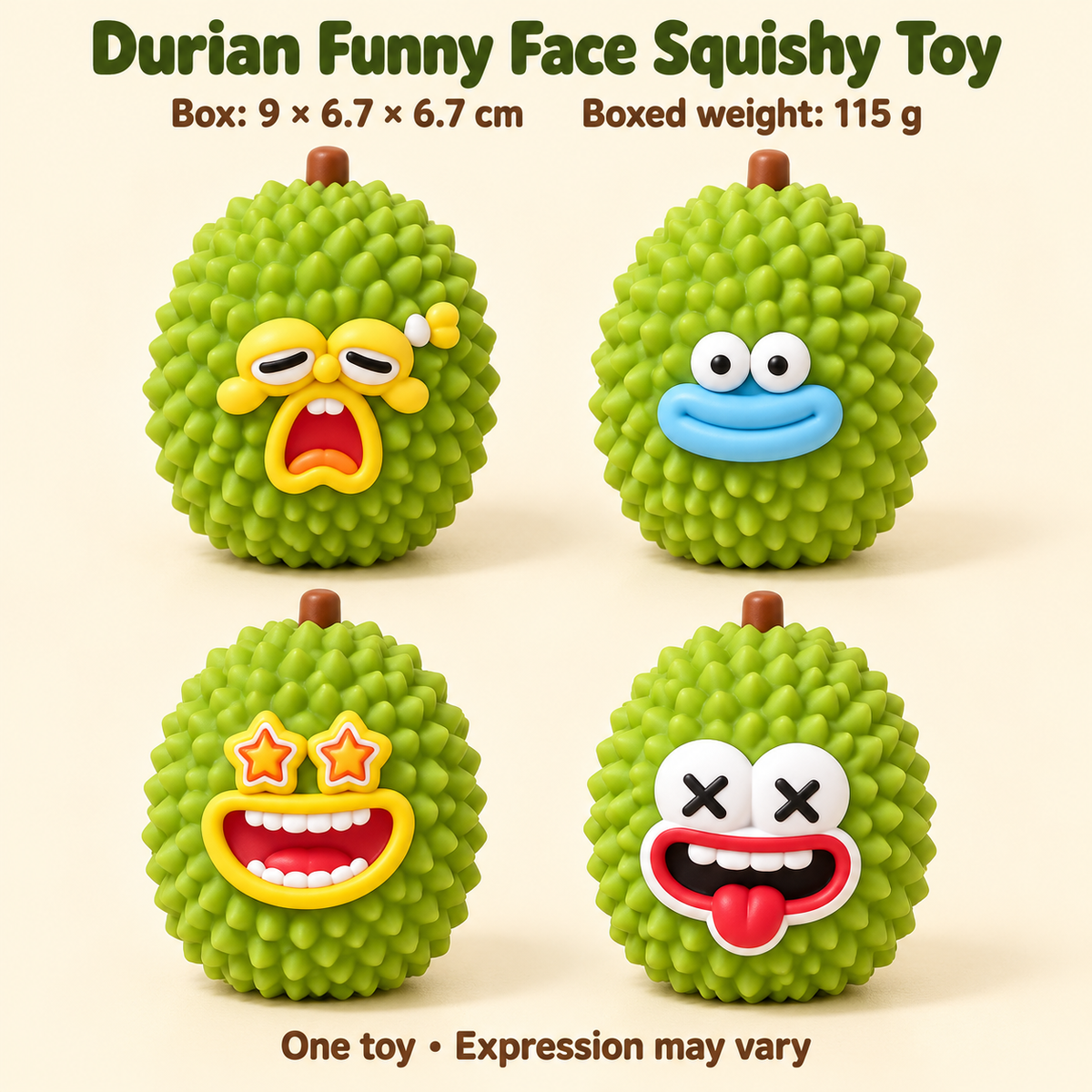 Durian Crunchy Squishy Toy with a Green Textured Shell and Funny Face · mproduct-ab2019261dec4633f41c