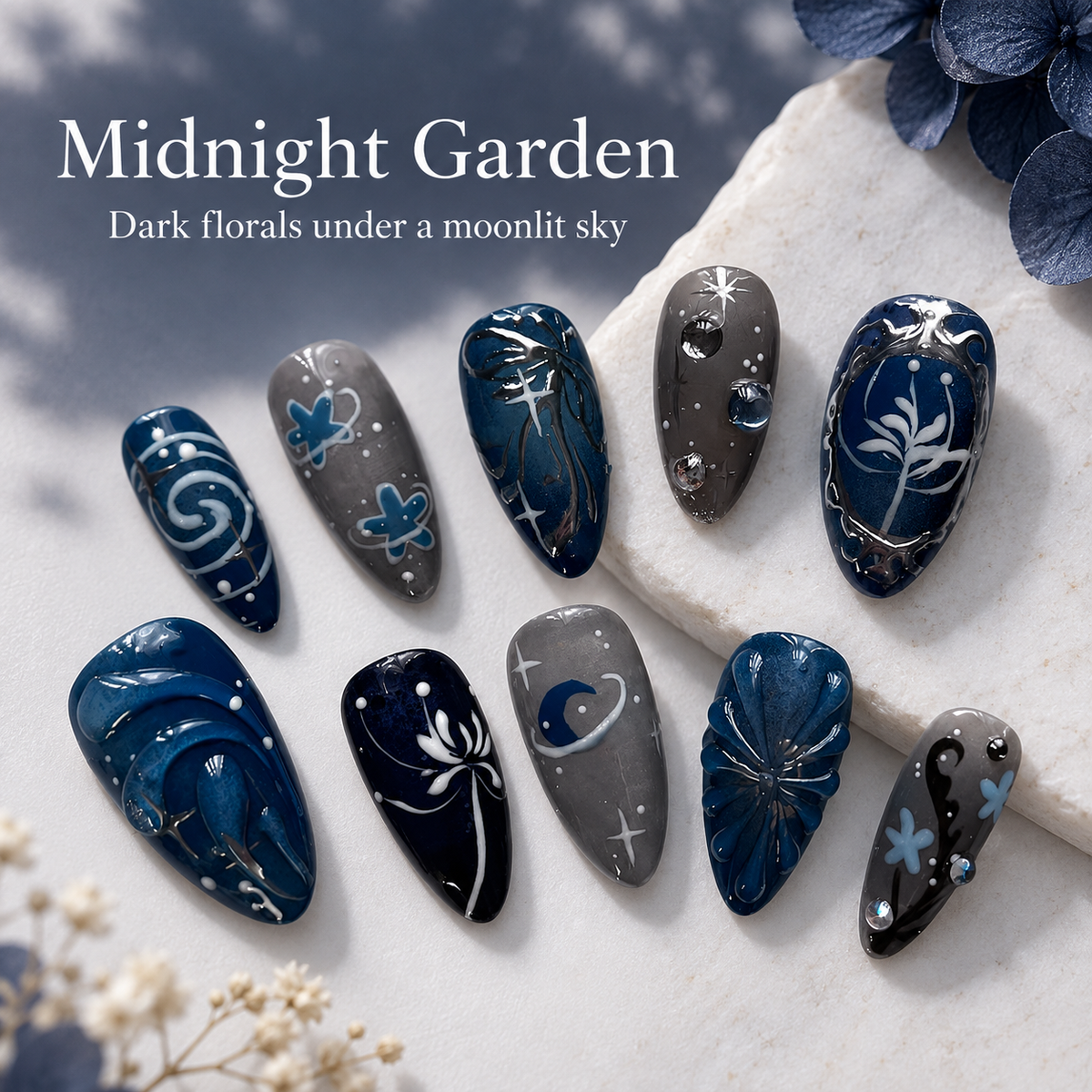 Moonlit Sky Dark Floral Bubble Press On Nail Set · mproduct-ad9348a40657eaebf69c