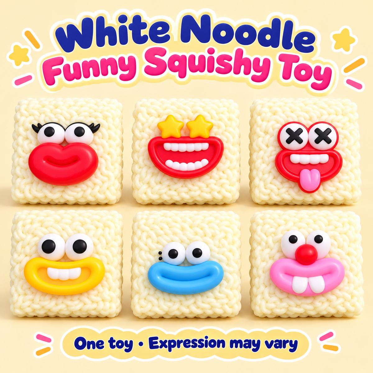 White Noodle Crunchy Squishy Toy with a Textured Square and Funny Face · mproduct-b9181e5b802900167ced