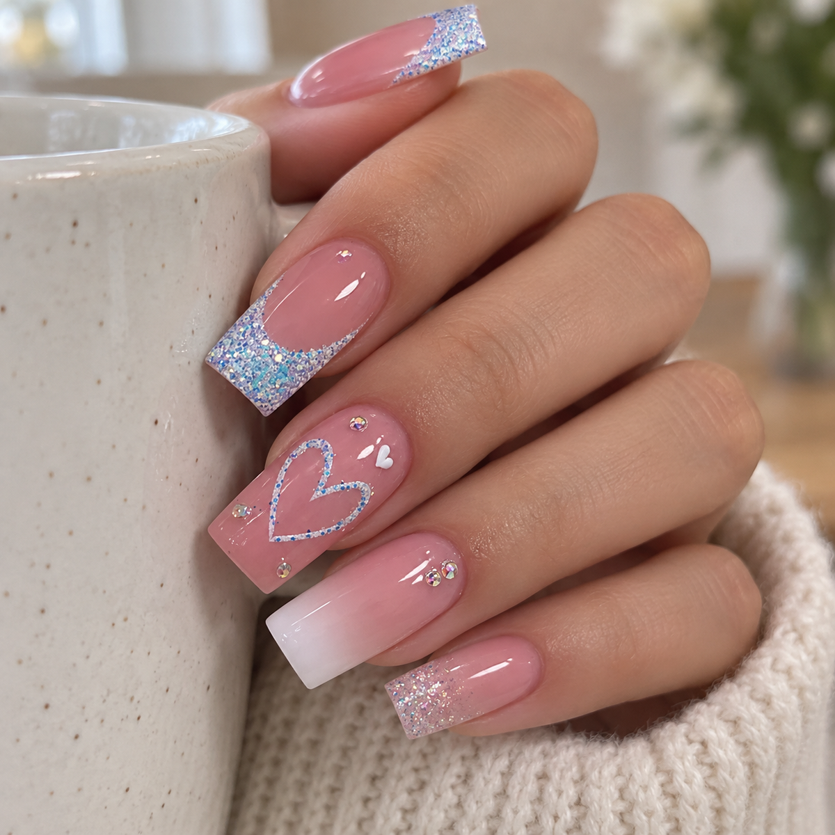Heart Glitter White Ombre French Press On Nail Set · mproduct-c18959788043c784fe3f
