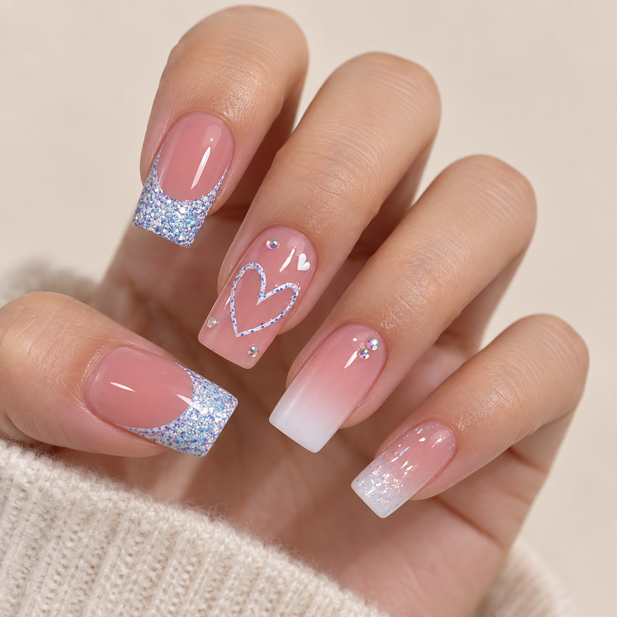 Heart Glitter White Ombre French Press On Nail Set · mproduct-c4dd995d84bb5edc2863