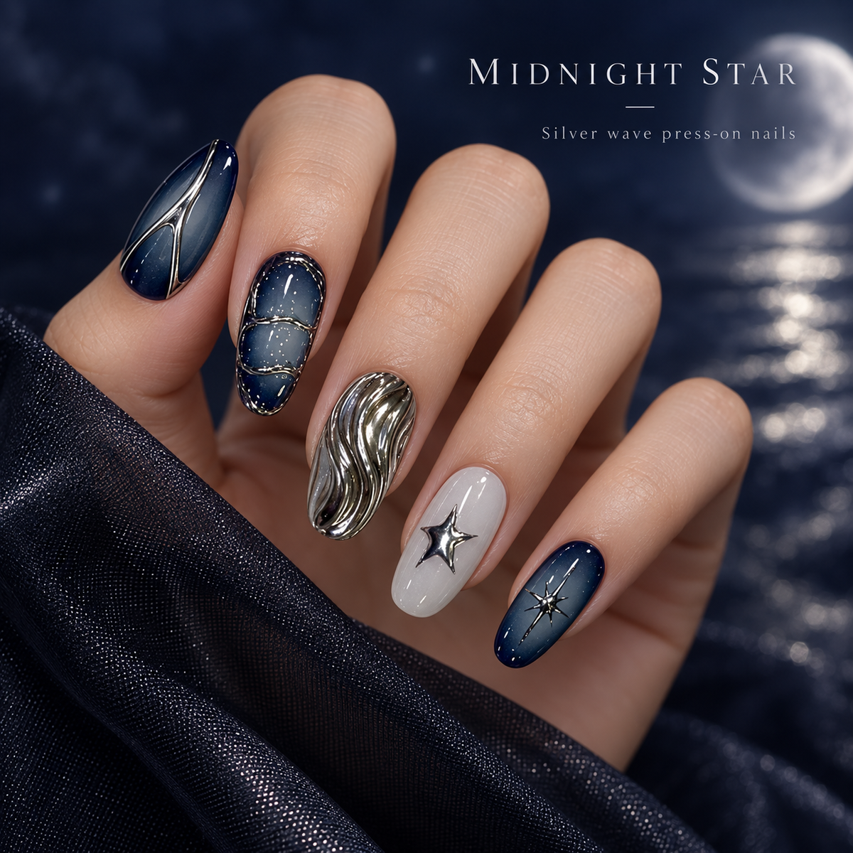 Midnight Silver Starry Wave Press On Nail Set · mproduct-e59fcbf369f1bd48ad89