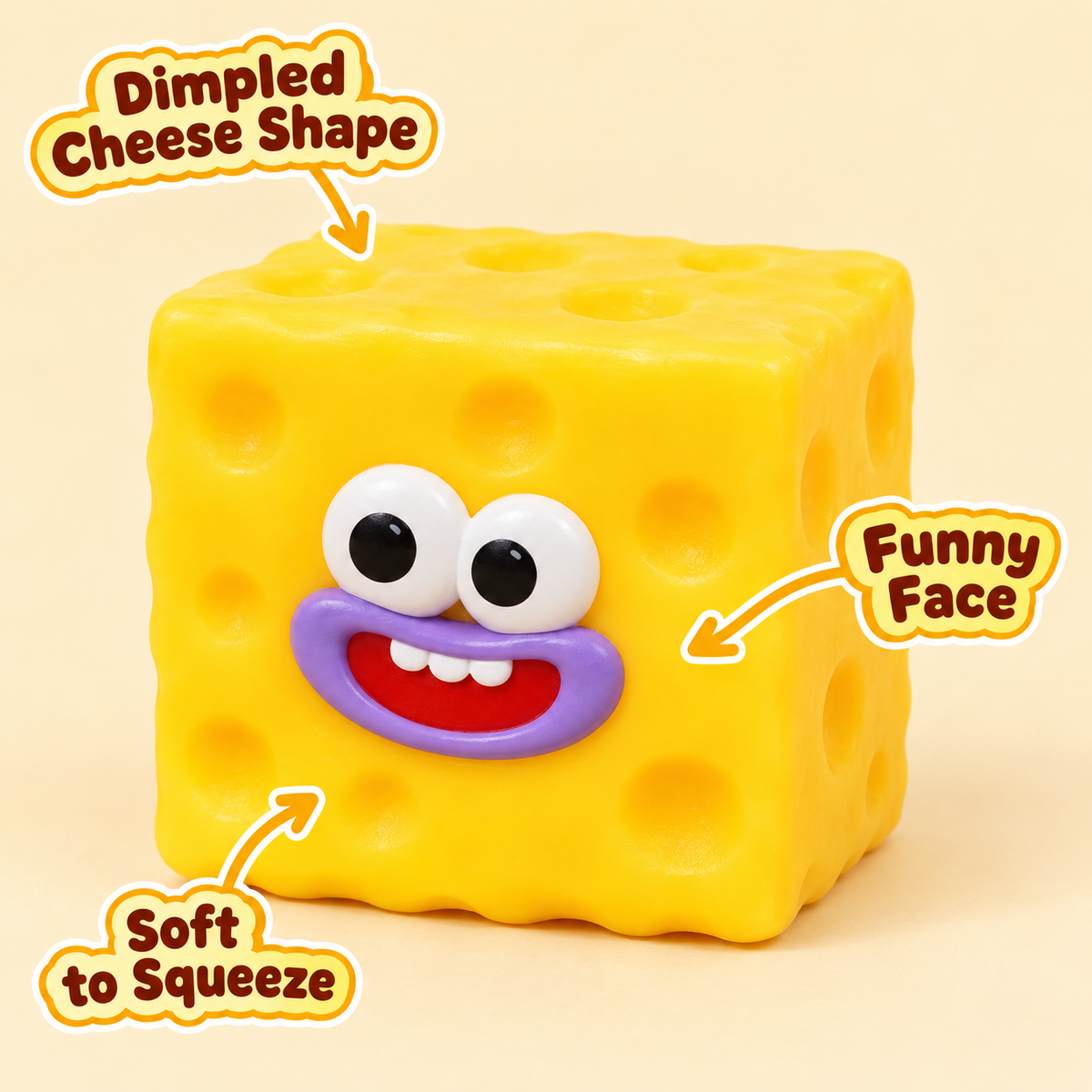 Square Cheese Crunchy Squishy Toy with Dimpled Sides and Funny Face · mproduct-e793c8c439b6a024890e