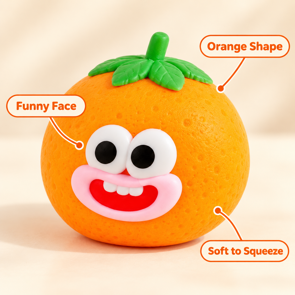 Orange Crunchy Squishy Toy with a Green Leaf Top and Funny Face · mproduct-e7e4f84538d24d0c953b