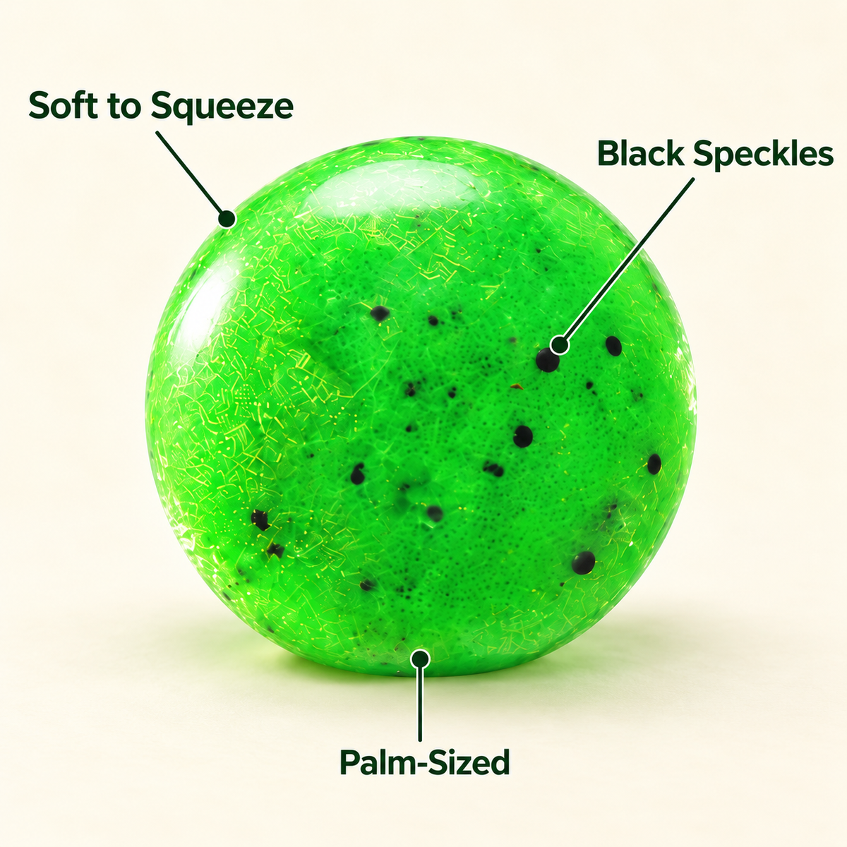 Green Squishy Ball with Black Speckles for Squeeze Play · mproduct-e9a1deb9c888f21cbb2e