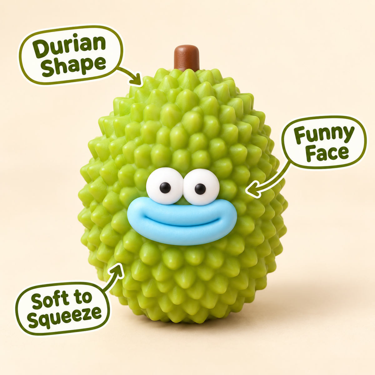Durian Crunchy Squishy Toy with a Green Textured Shell and Funny Face · mproduct-f15e5043ba1e142dd9bf