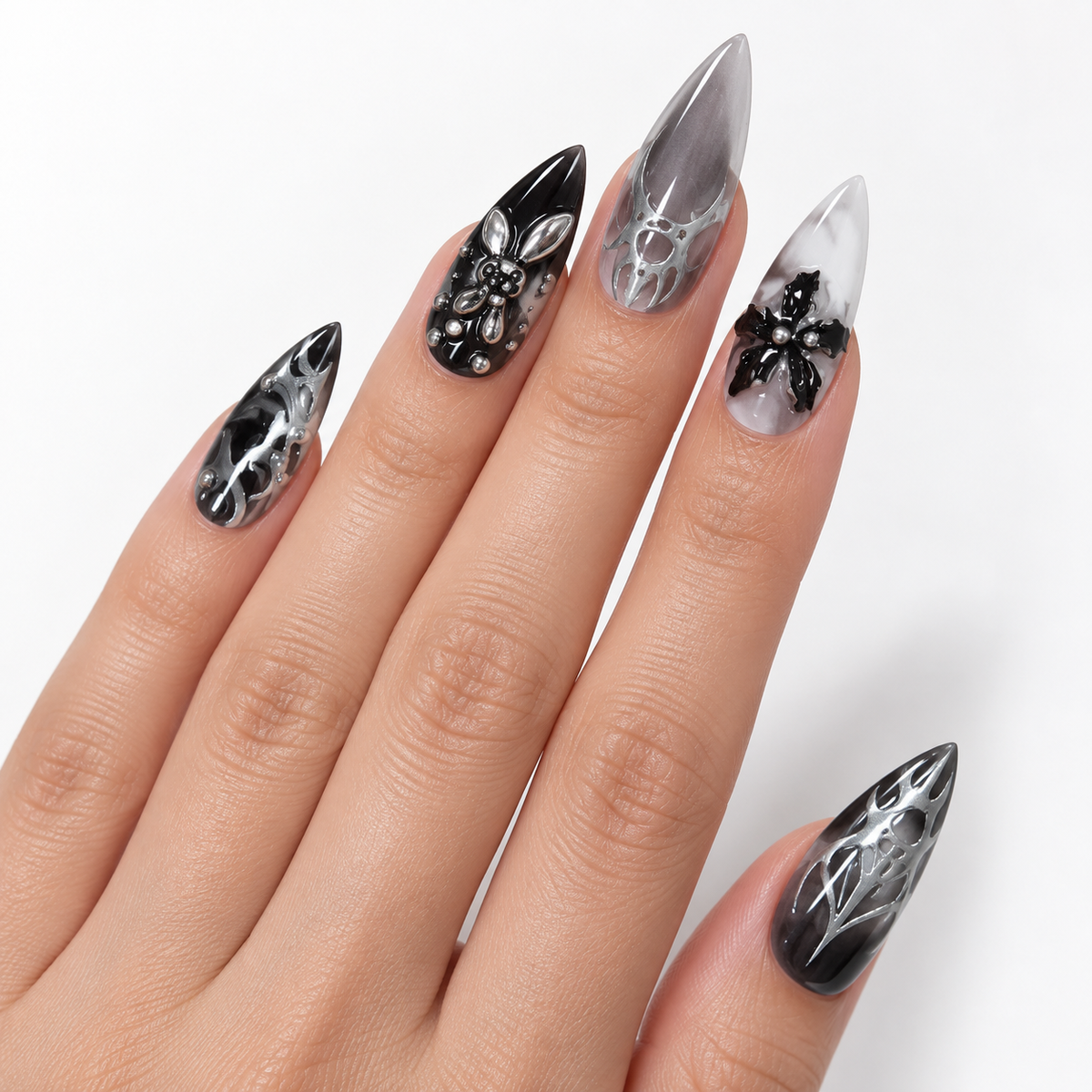 Midnight Silver Floral Press On Nail Set, image 1