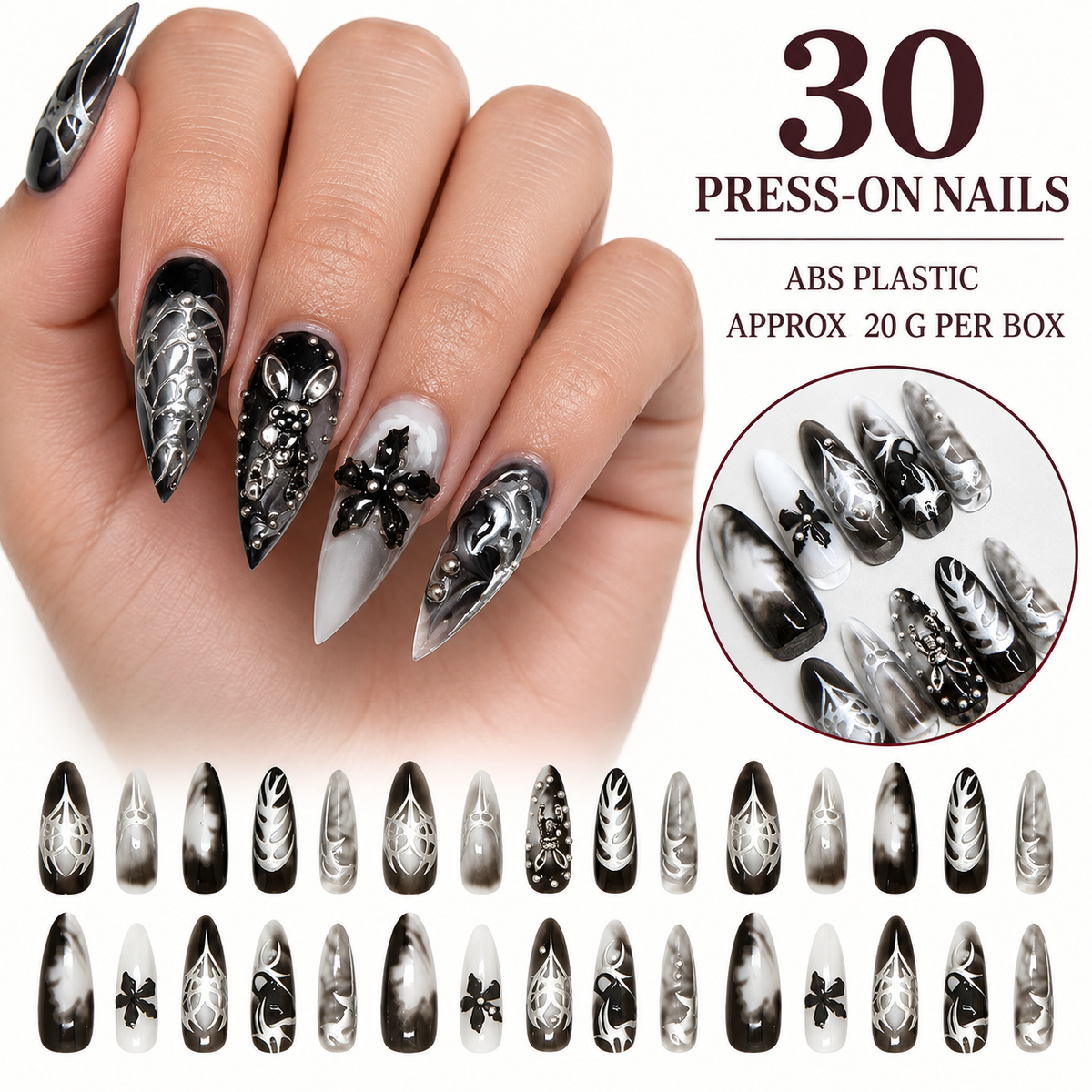 Midnight Silver Floral Press On Nail Set, image 3