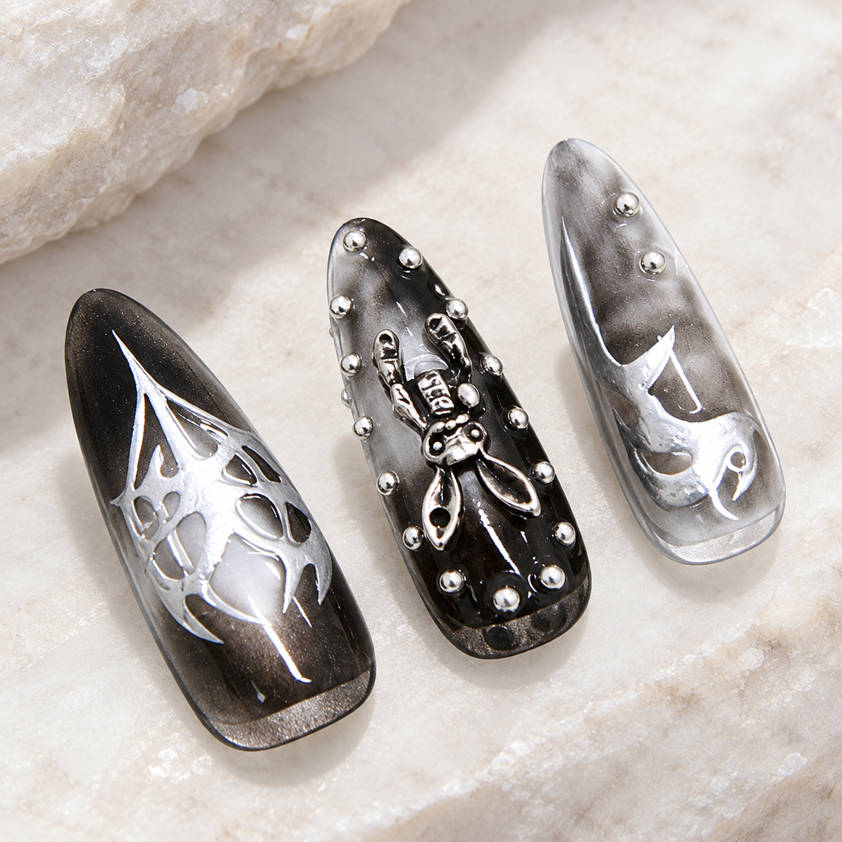 Midnight Silver Floral Press On Nail Set, image 4