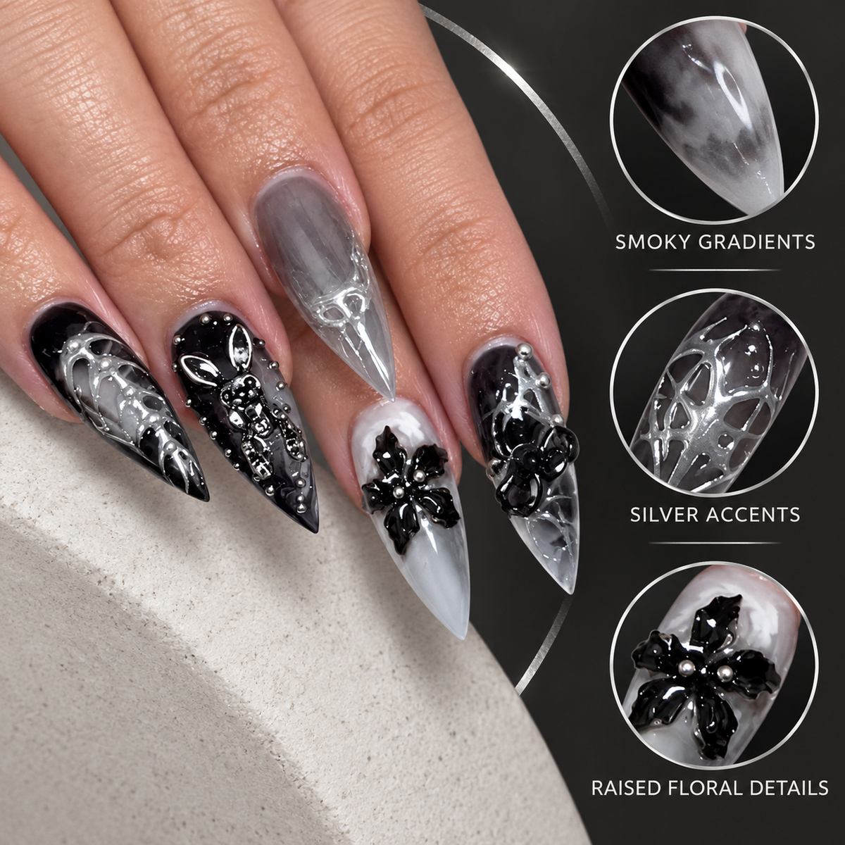 Midnight Silver Floral Press On Nail Set, image 7