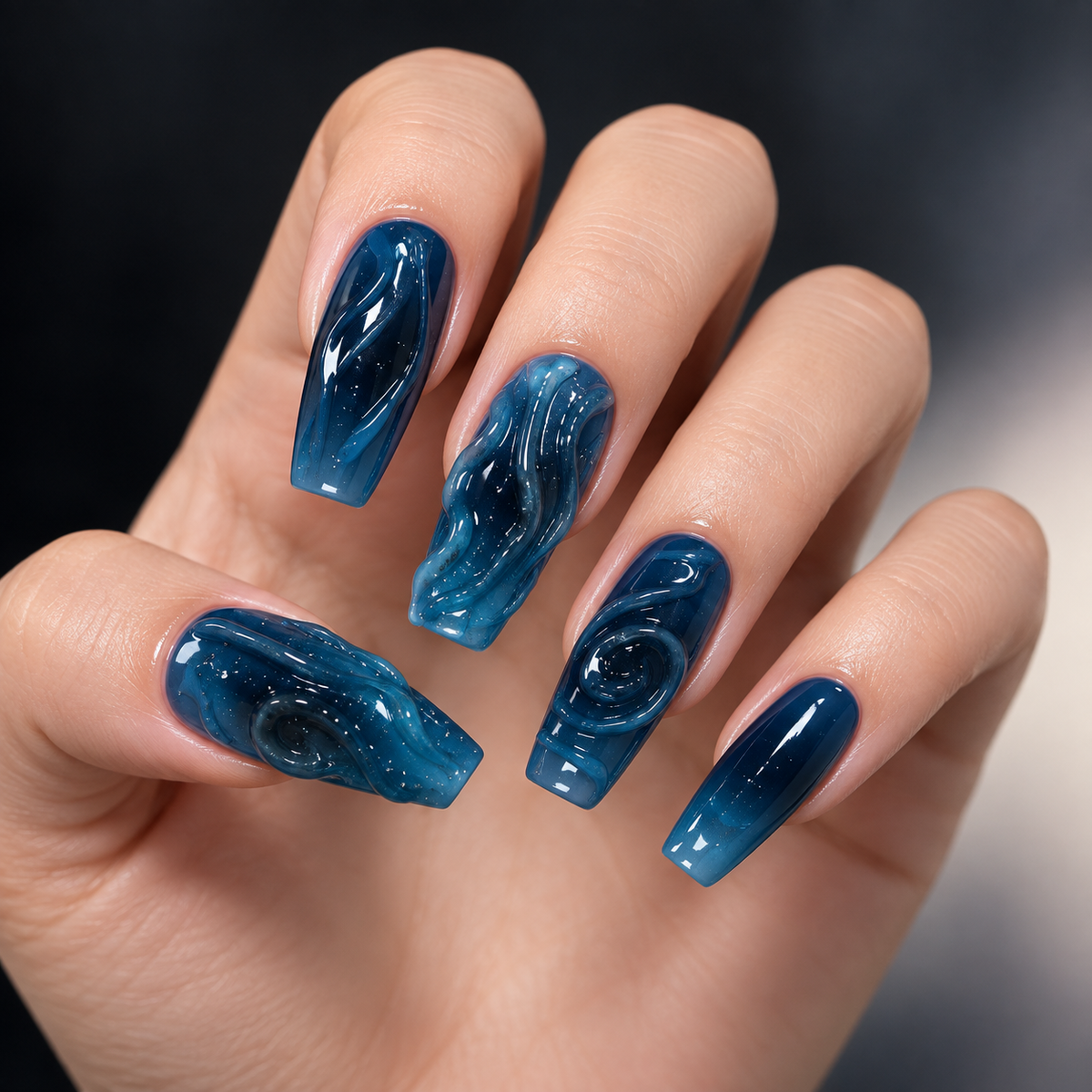 Deep Blue 3D Ocean Press On Nail Set