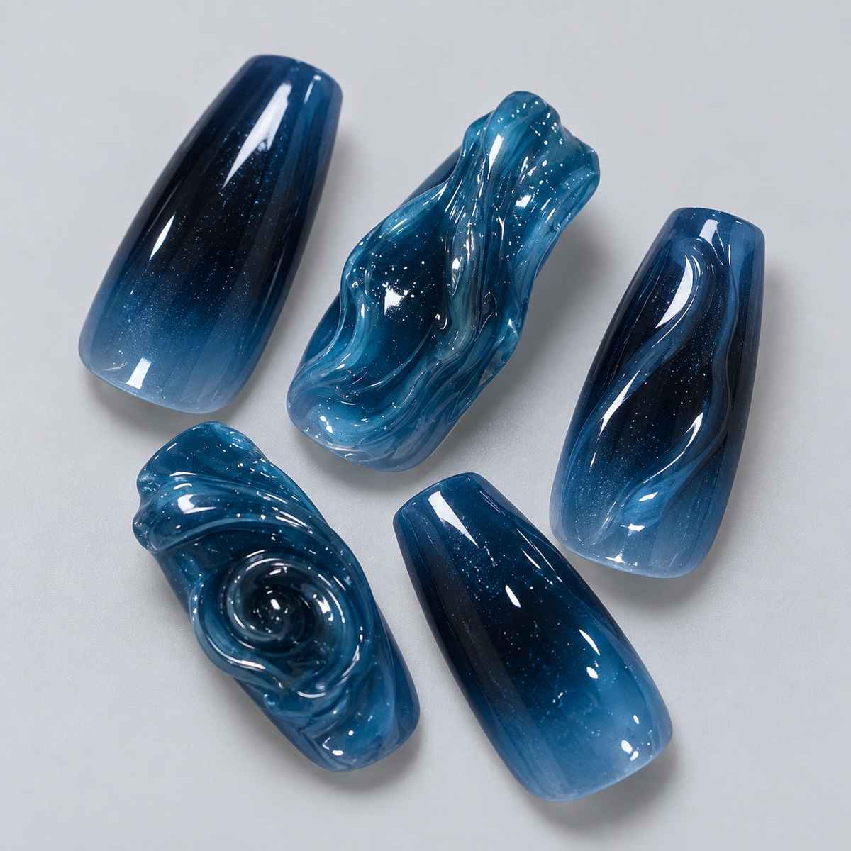 Deep Blue 3D Ocean Press On Nail Set
