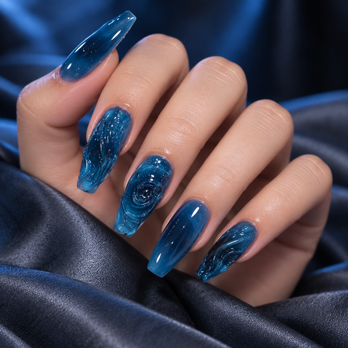 Deep Blue 3D Ocean Press On Nail Set
