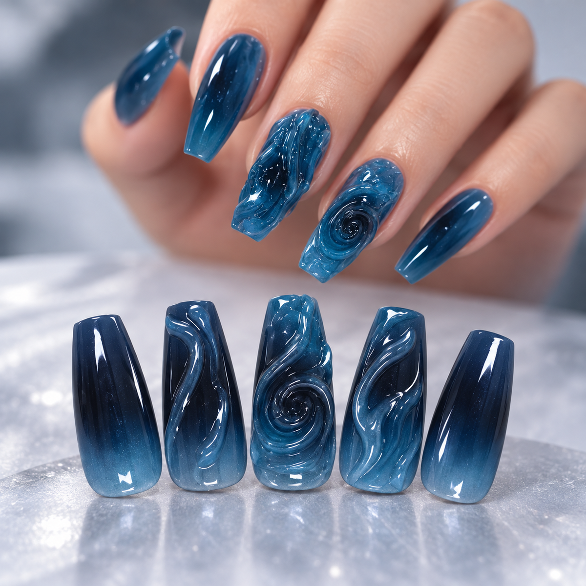 Deep Blue 3D Ocean Press On Nail Set