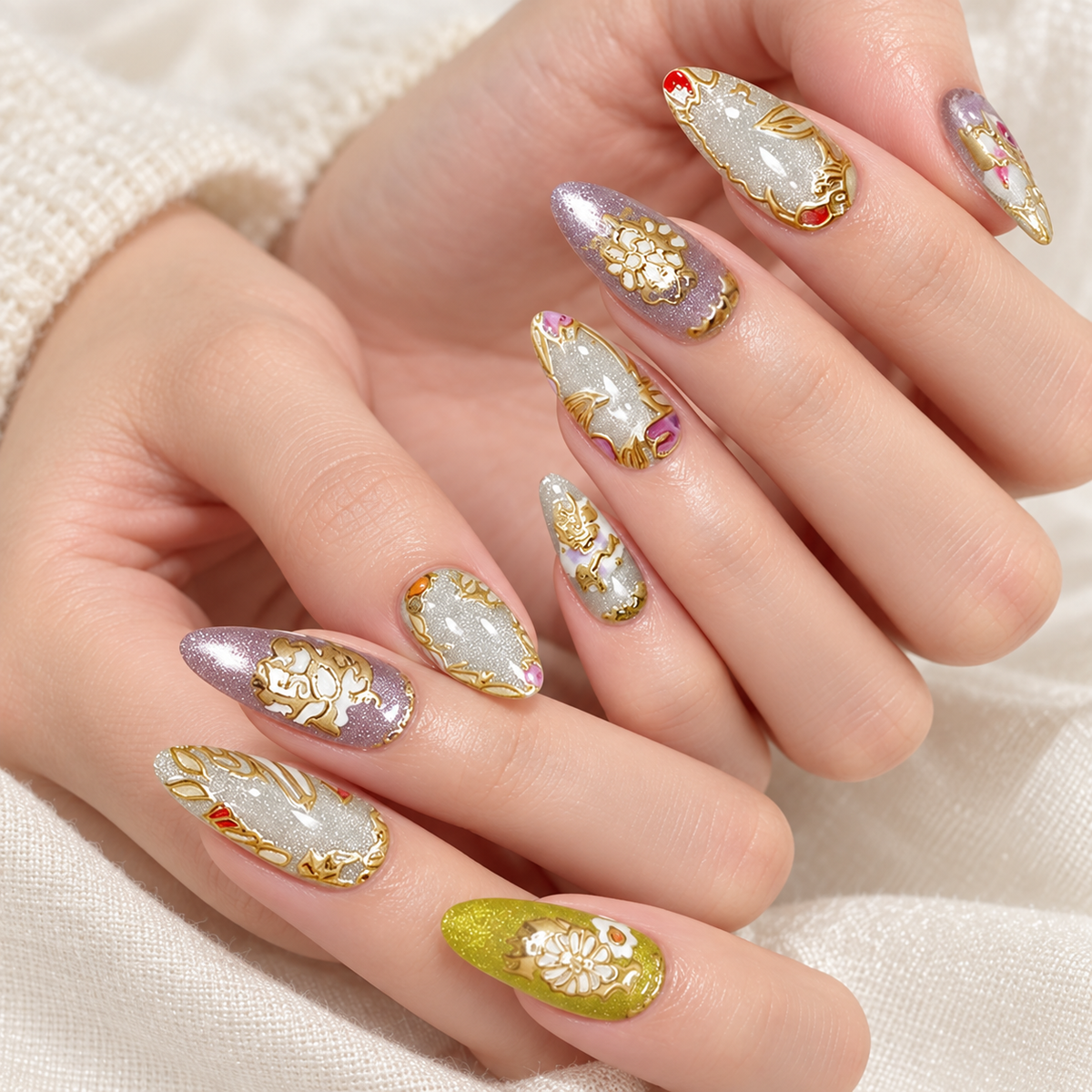 Gilded Floral Cat Eye Press On Nail Set