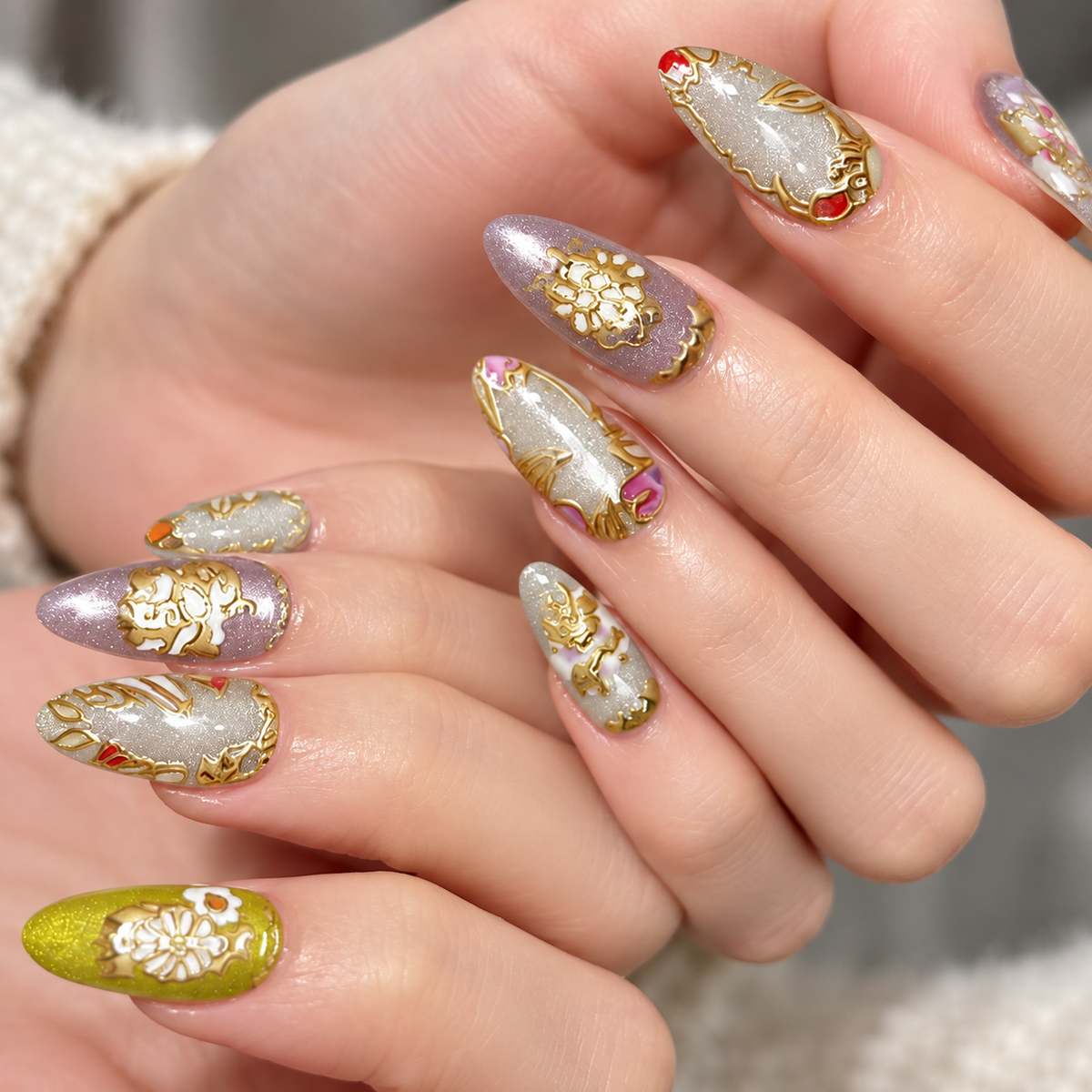 Gilded Floral Cat Eye Press On Nail Set