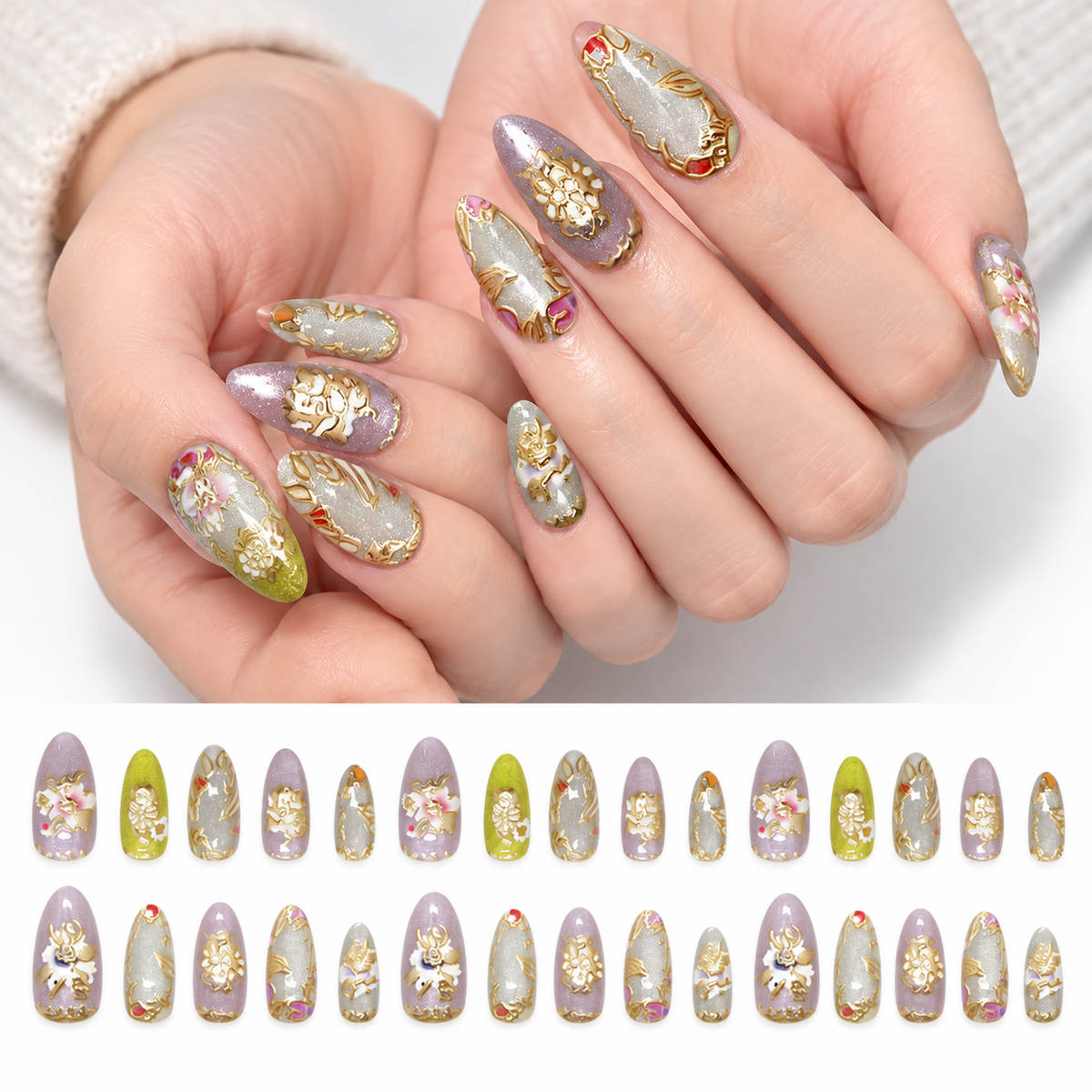 Gilded Floral Cat Eye Press On Nail Set
