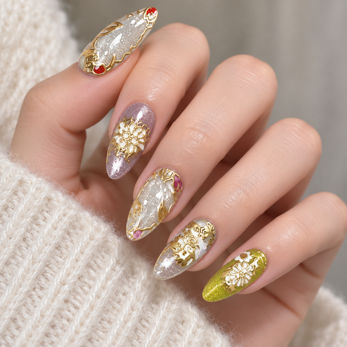 Gilded Floral Cat Eye Press On Nail Set