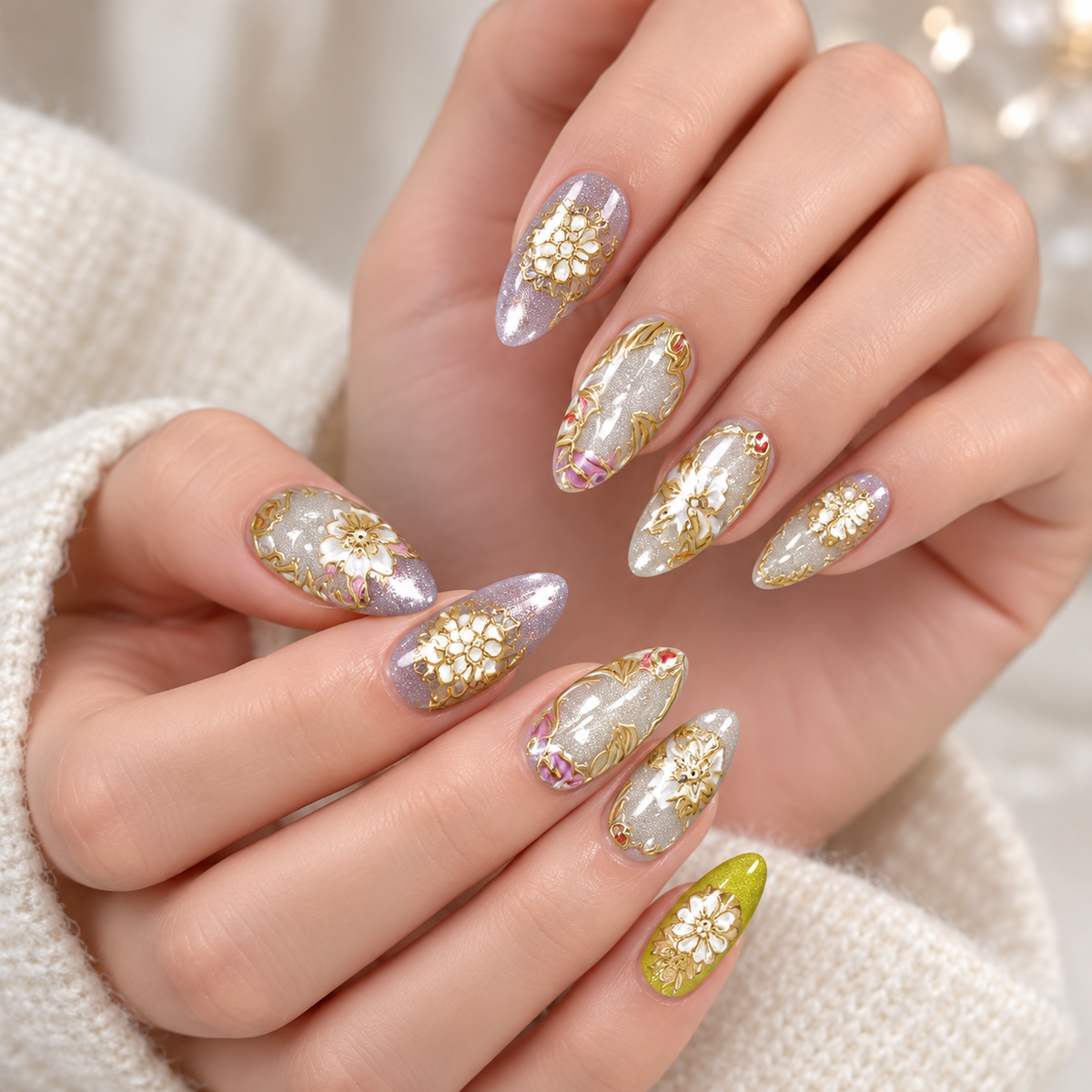 Gilded Floral Cat Eye Press On Nail Set