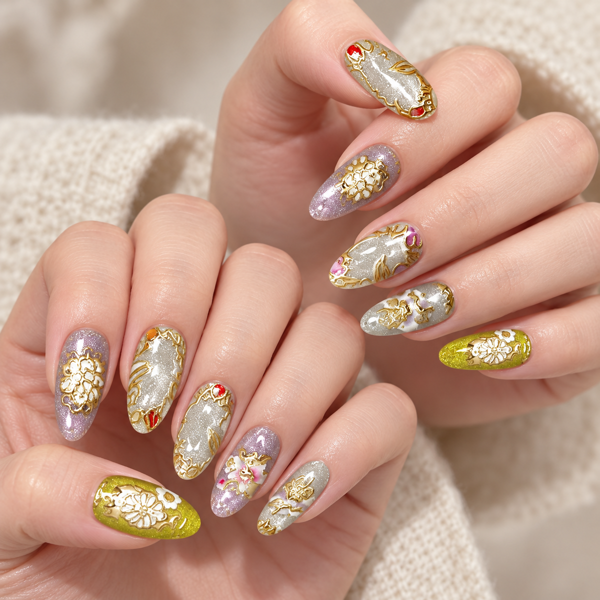 Gilded Floral Cat Eye Press On Nail Set