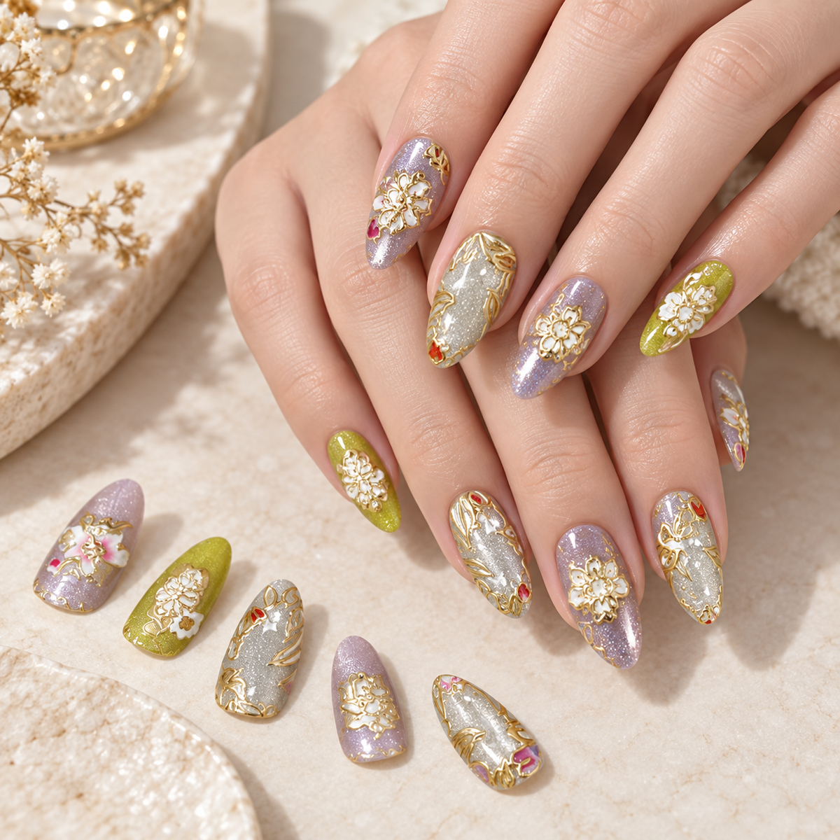Gilded Floral Cat Eye Press On Nail Set