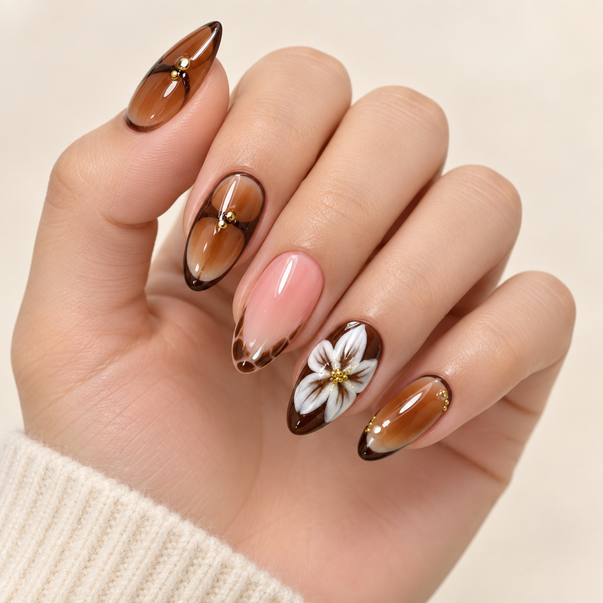 Amber Carved Floral Gold Bead Press On Nail Set