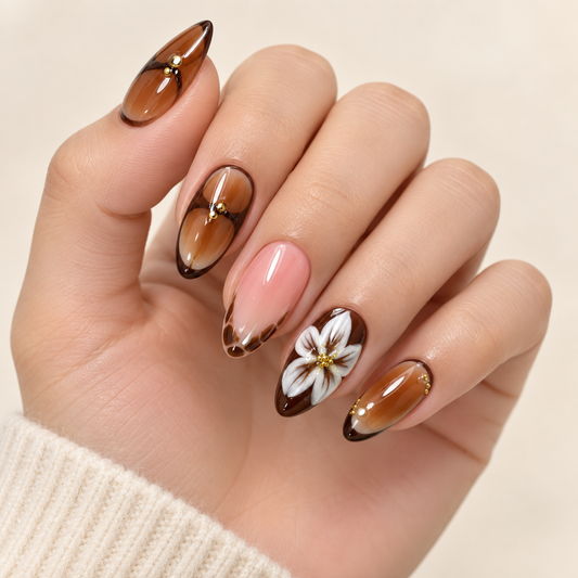 Amber Carved Floral Gold Bead Press On Nail Set