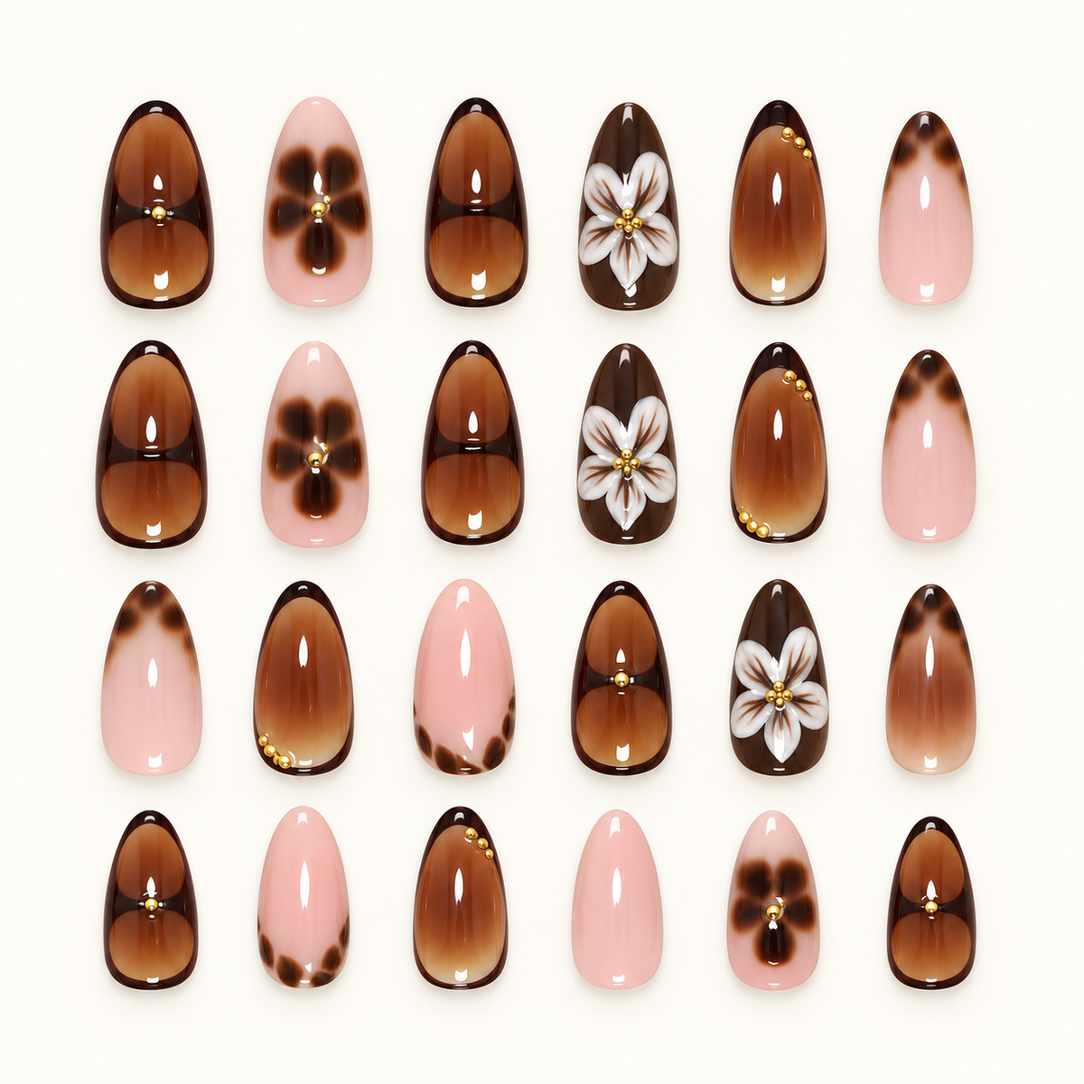 Amber Carved Floral Gold Bead Press On Nail Set