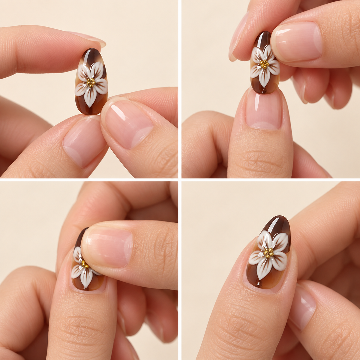 Amber Carved Floral Gold Bead Press On Nail Set