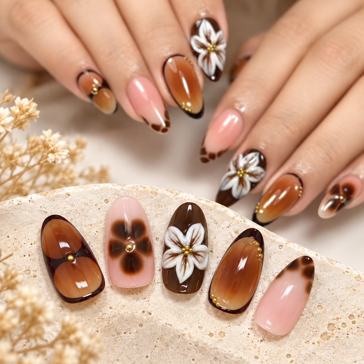 Amber Carved Floral Gold Bead Press On Nail Set