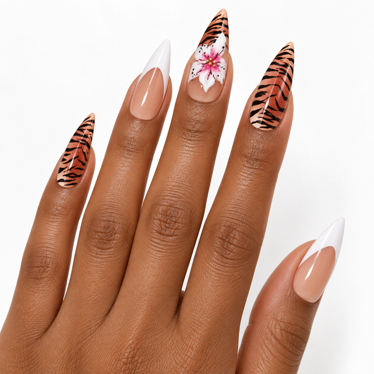 Sunset Camellia Zebra French Press On Nail Set