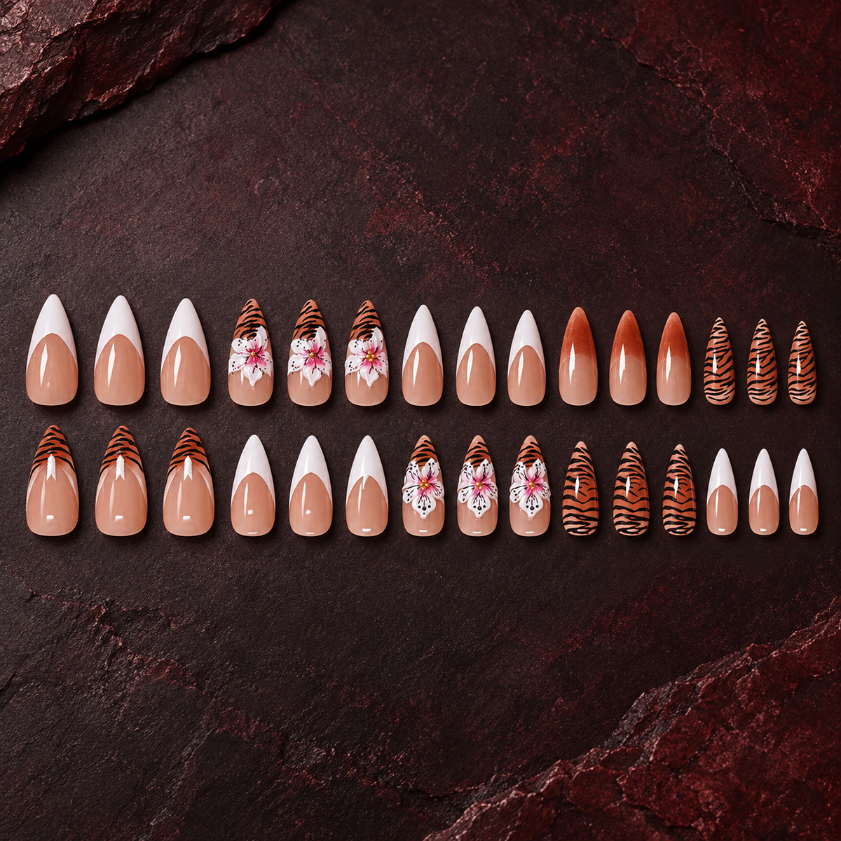 Sunset Camellia Zebra French Press On Nail Set