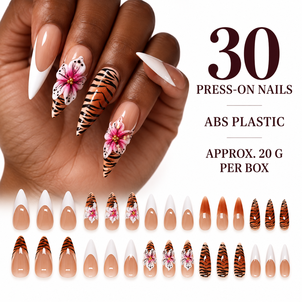 Sunset Camellia Zebra French Press On Nail Set