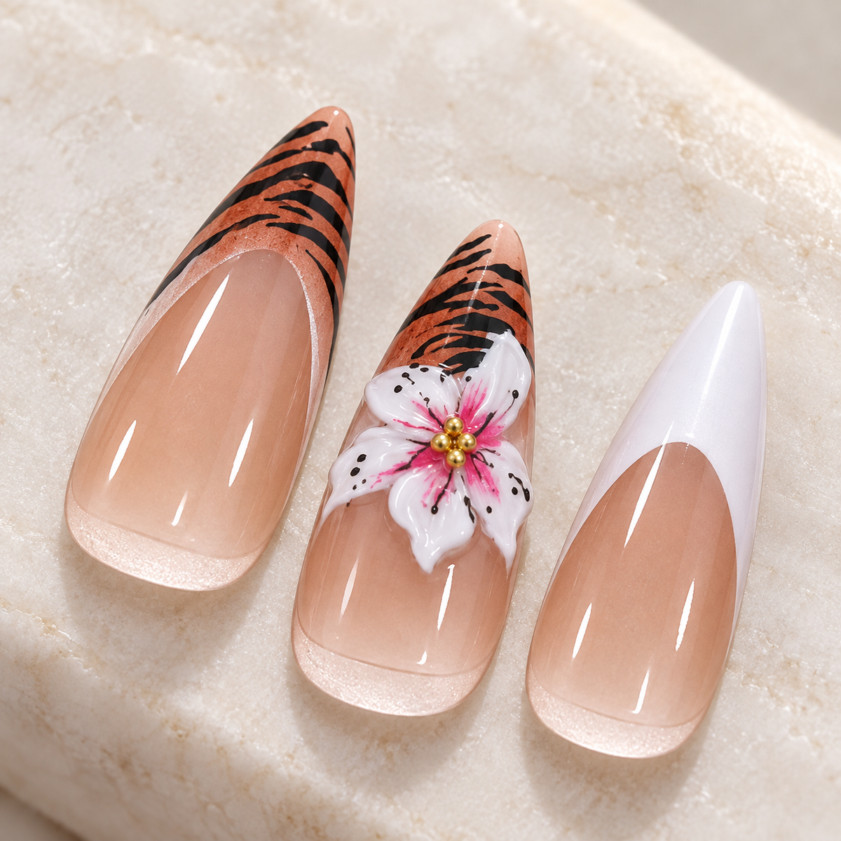 Sunset Camellia Zebra French Press On Nail Set