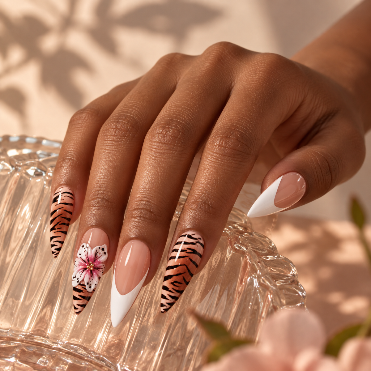 Sunset Camellia Zebra French Press On Nail Set