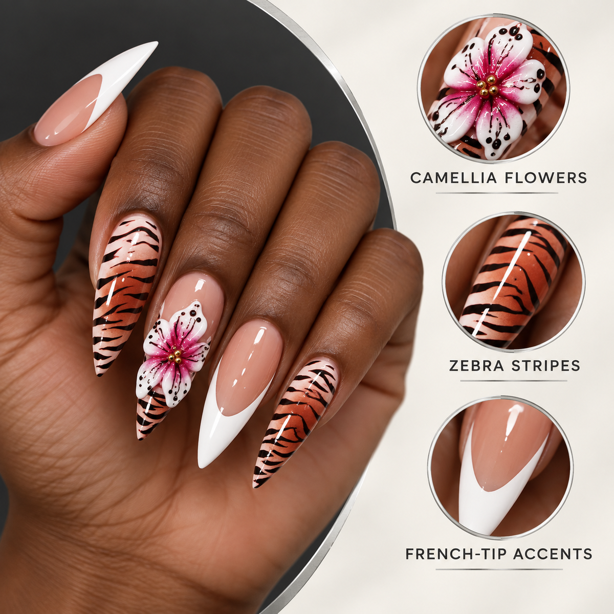 Sunset Camellia Zebra French Press On Nail Set