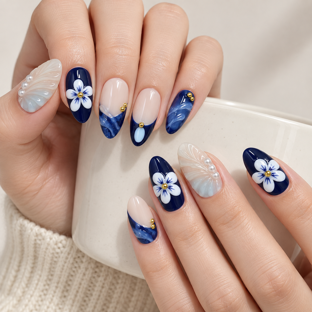 Frozen Blue Lotus Pearl Floral Press On Nail Set