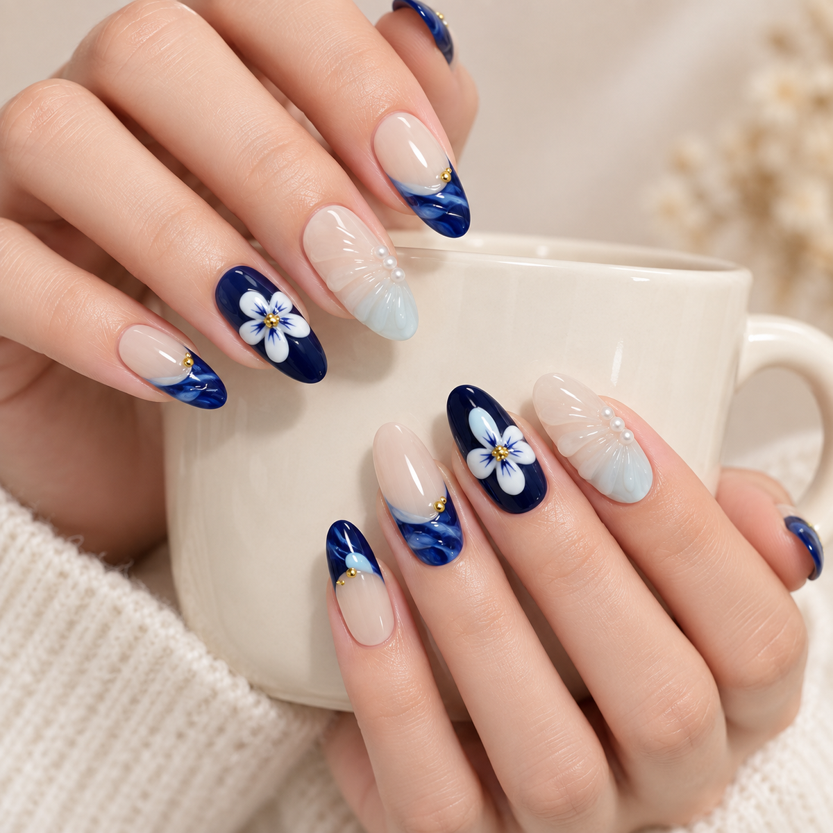 Frozen Blue Lotus Pearl Floral Press On Nail Set