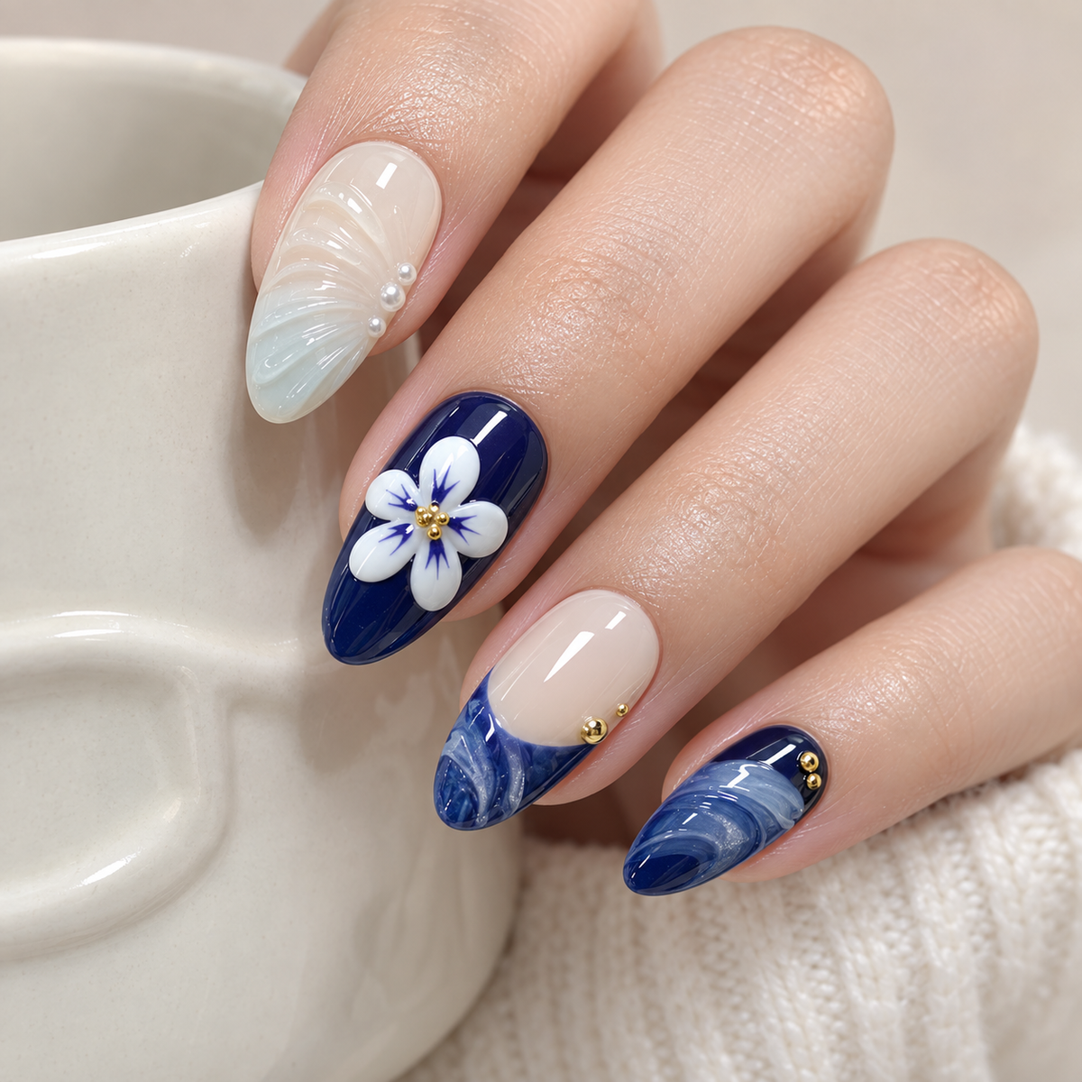 Frozen Blue Lotus Pearl Floral Press On Nail Set