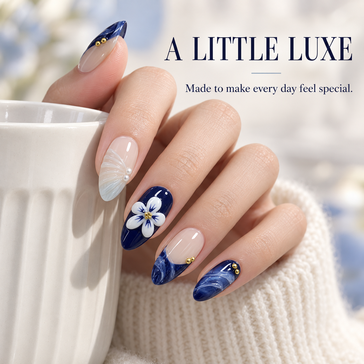 Frozen Blue Lotus Pearl Floral Press On Nail Set