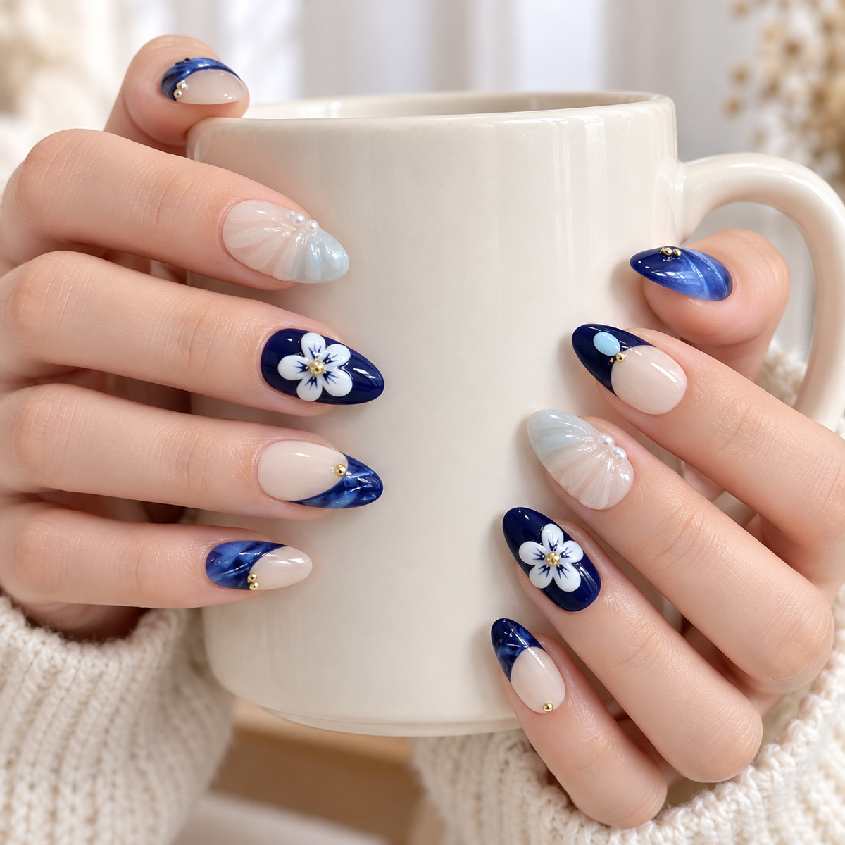 Frozen Blue Lotus Pearl Floral Press On Nail Set