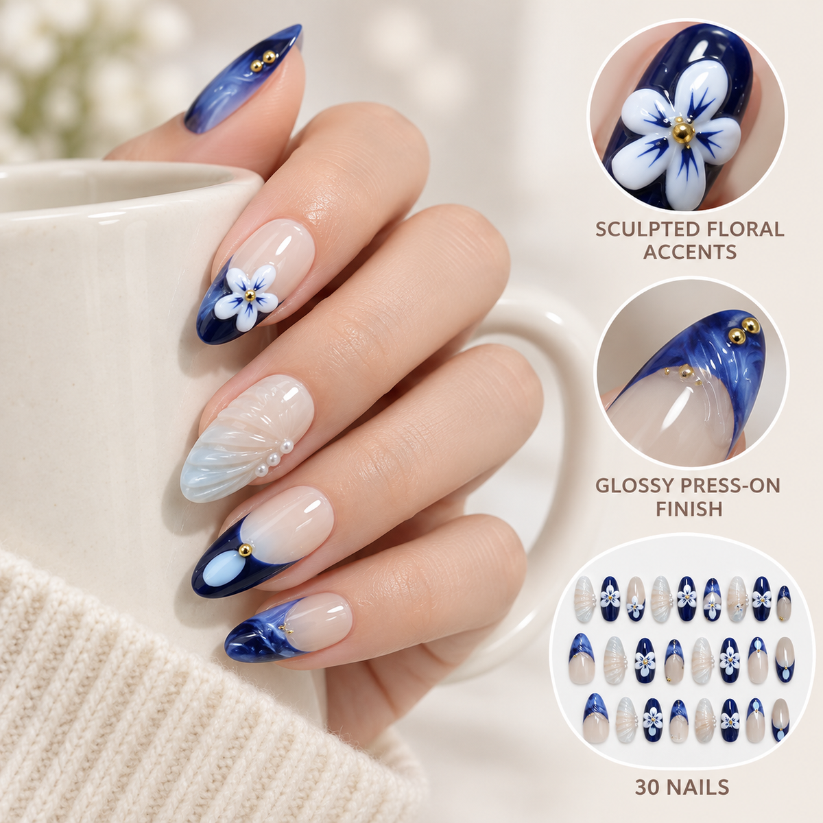 Frozen Blue Lotus Pearl Floral Press On Nail Set
