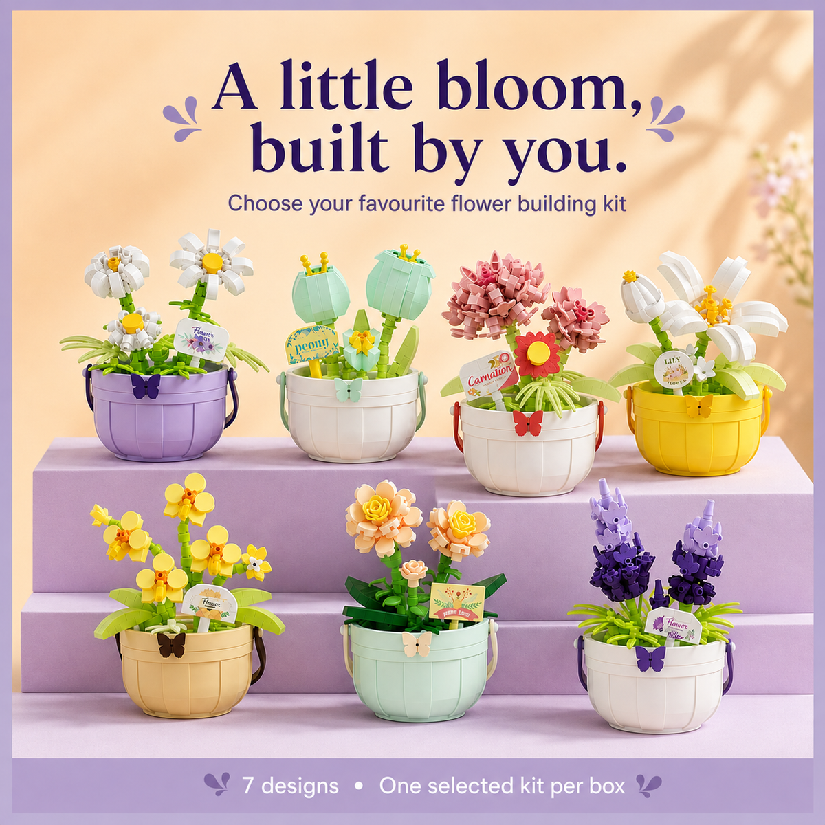 All seven Potted Flower Building Kit designs — advertisement; sold individually