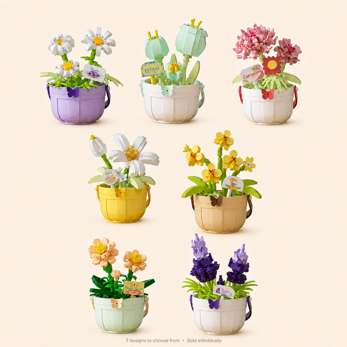 All seven Potted Flower Building Kit designs — hero; sold individually