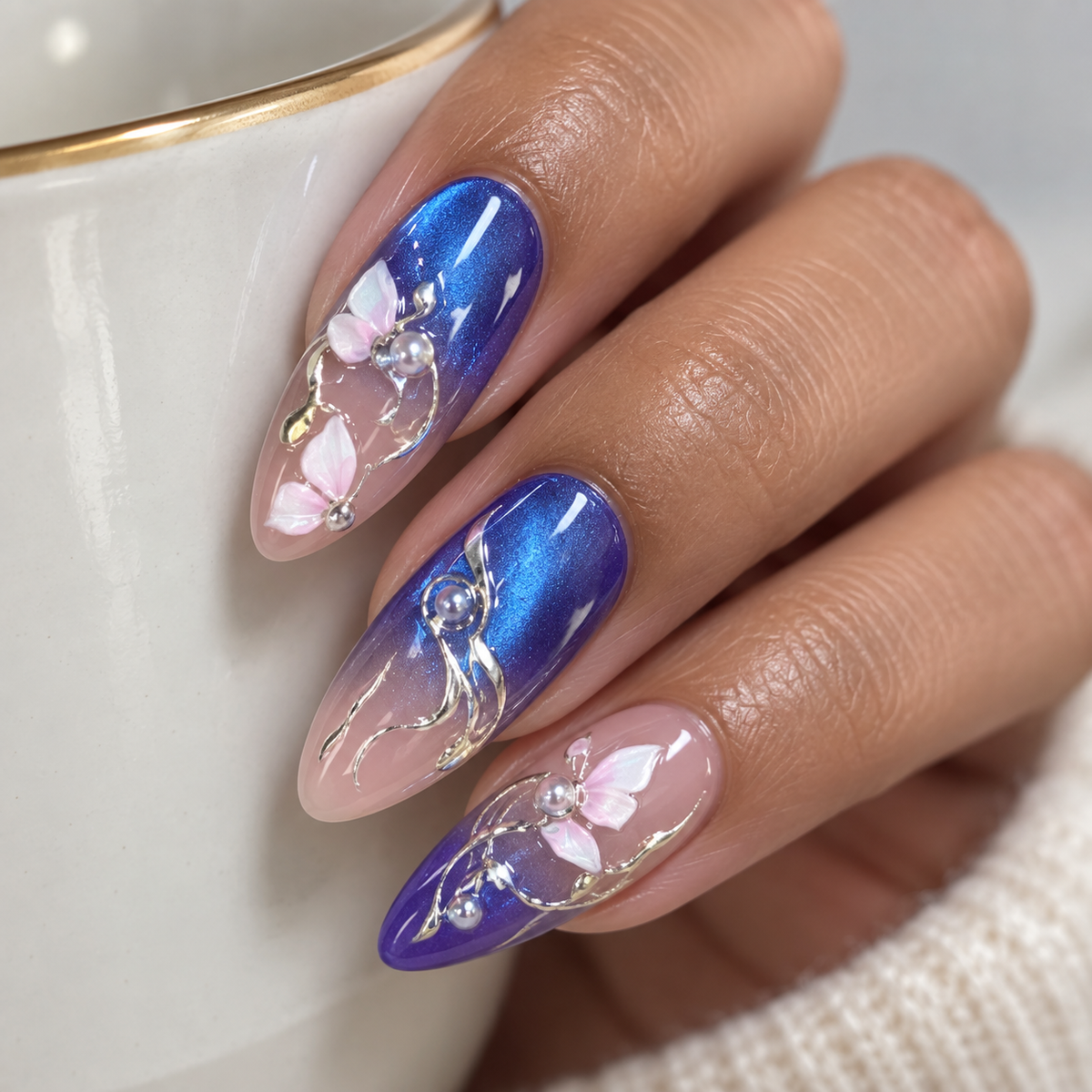 Dream Butterfly Cat Eye Silver Press On Nail Set