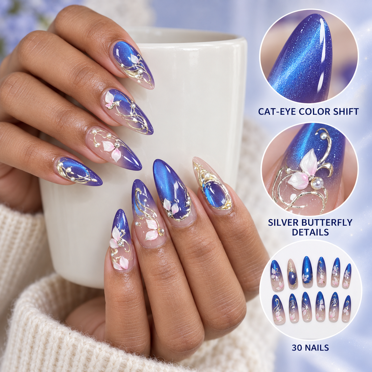Dream Butterfly Cat Eye Silver Press On Nail Set
