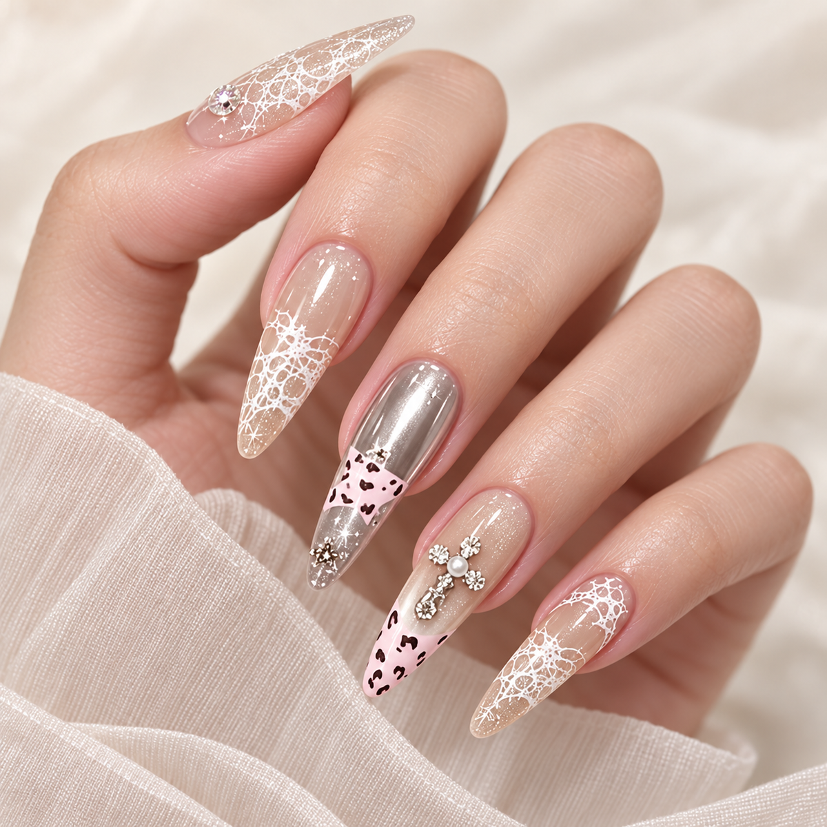 Sweet Pink French Leopard Starlight Press On Nail Set