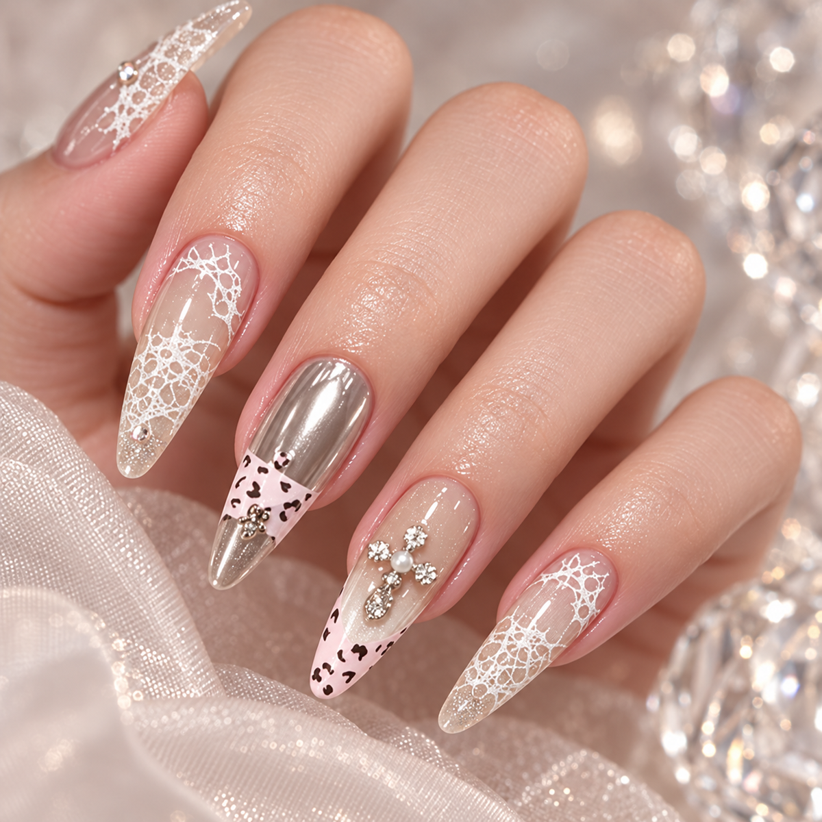 Sweet Pink French Leopard Starlight Press On Nail Set